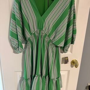 Taylor Emerald and White Patterned Long Sleeve Dress